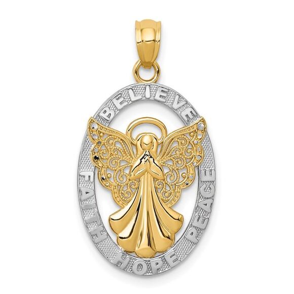 14k Yellow Gold W/Rhodium BELIEVE PEACE FAITH HOPE Angel Pendant,All Products : American Fashion Style Bags On Sale